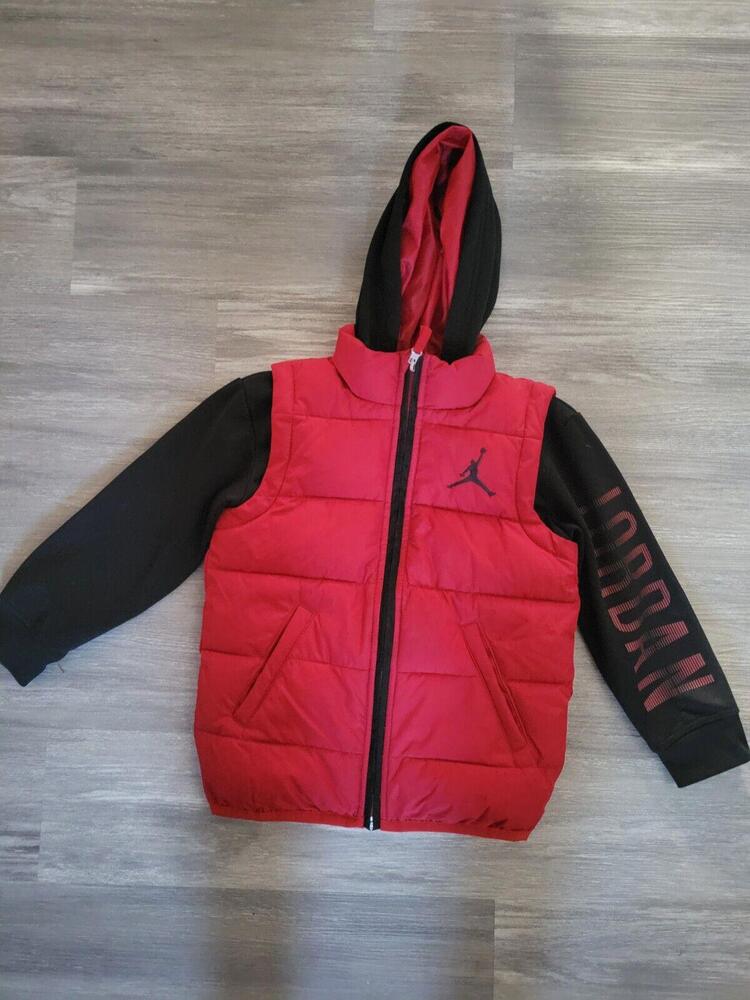 NIKE Air Jordan Puffer Vest Hoodie Jacket Boys Sz 4T Black Red Graphic Sleeve
